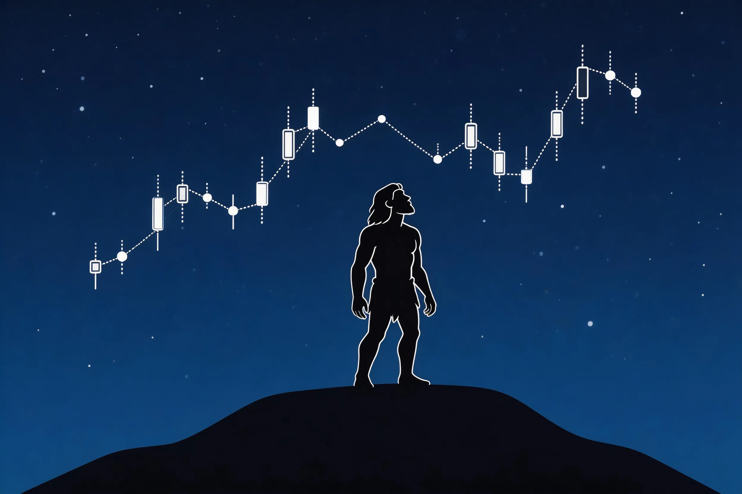 Primitive human gazing at stars forming candlestick patterns
